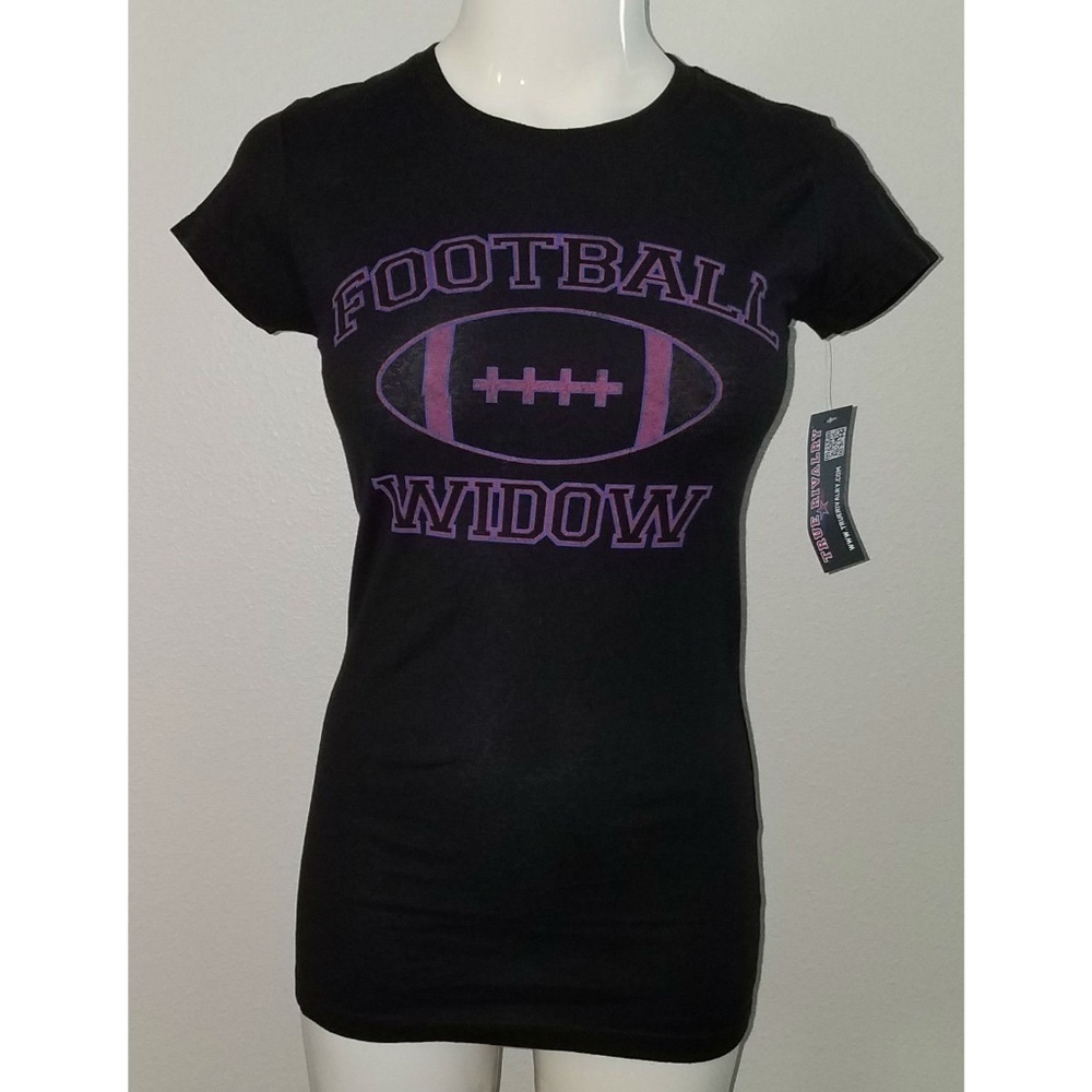 NWT Football Widow Black T-Shirt Tee Size Small RUNS SMALL Junior Novelty Purple